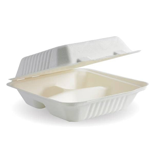 8x8x3" Sugarcane Clamshell - 3 Compartments
