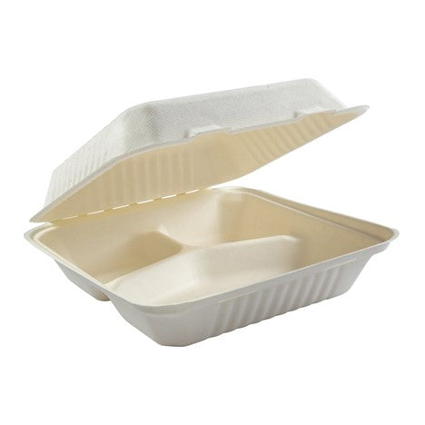 9x9x3" Sugarcane Clamshell - 3 Compartments