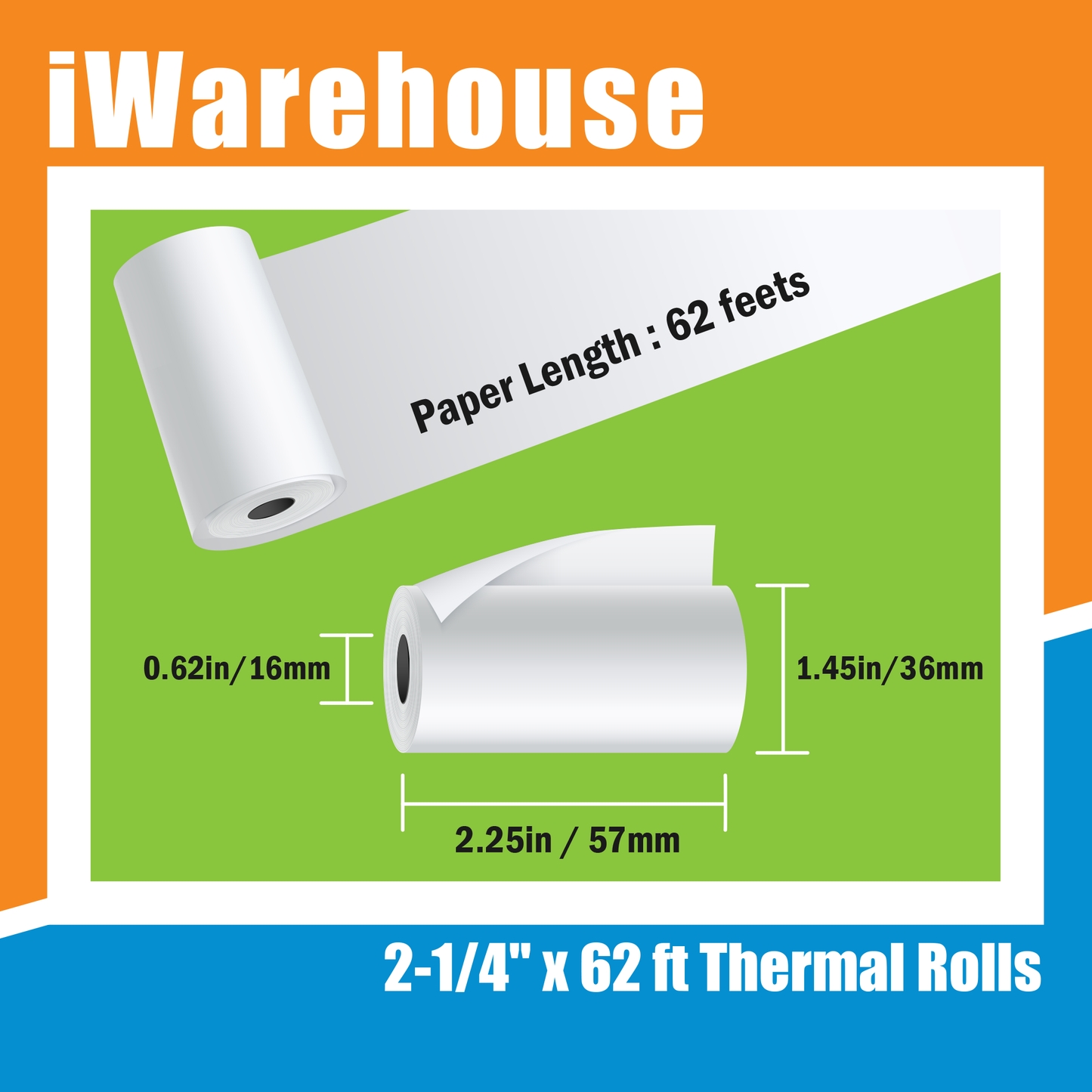 Thermal Paper Rolls for Credit/Debit Card Terminals - 2-1/4" x 62 ft