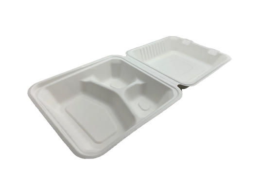 8x8x3" Sugarcane Clamshell - 3 Compartments